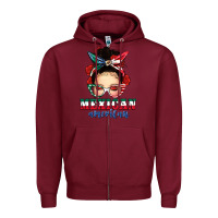 Burgundy Mexican American Messy Bun Zipper Hoodie - texasbilliewilder