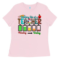 Bubblegum Pink battery life of a teacher monday friday Ladies Tee - RanaPortraitStore