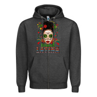 Charcoal Heather Proud Latina Skull Girl Messy Bun Zipper Hoodie - texasbilliewilder