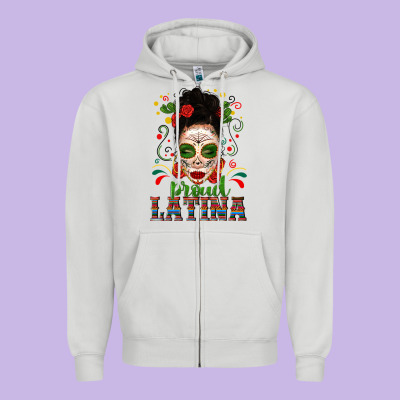 Proud Latina Skull Girl Messy Bun Zipper Hoodie Designed By Texasbilliewilder