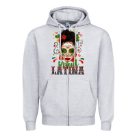 Heather Grey Proud Latina Skull Girl Messy Bun Zipper Hoodie - texasbilliewilder