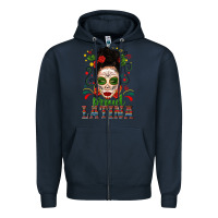 Navy Proud Latina Skull Girl Messy Bun Zipper Hoodie - texasbilliewilder