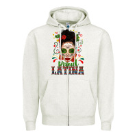Oatmeal Heather Proud Latina Skull Girl Messy Bun Zipper Hoodie - texasbilliewilder
