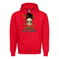 Red Proud Latina Skull Girl Messy Bun Zipper Hoodie - texasbilliewilder