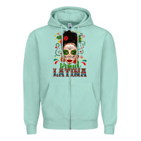 Seafoam Proud Latina Skull Girl Messy Bun Zipper Hoodie - texasbilliewilder