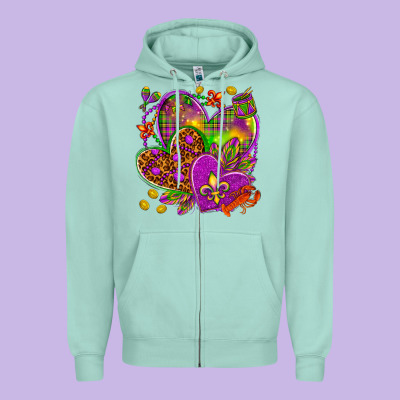 Mardi Gras Hearts Zipper Hoodie Designed By Nancycooperartshop