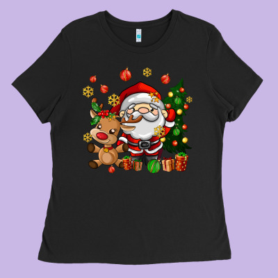Santa And Reindeer Ladies Tee Designed By Adodesignshop