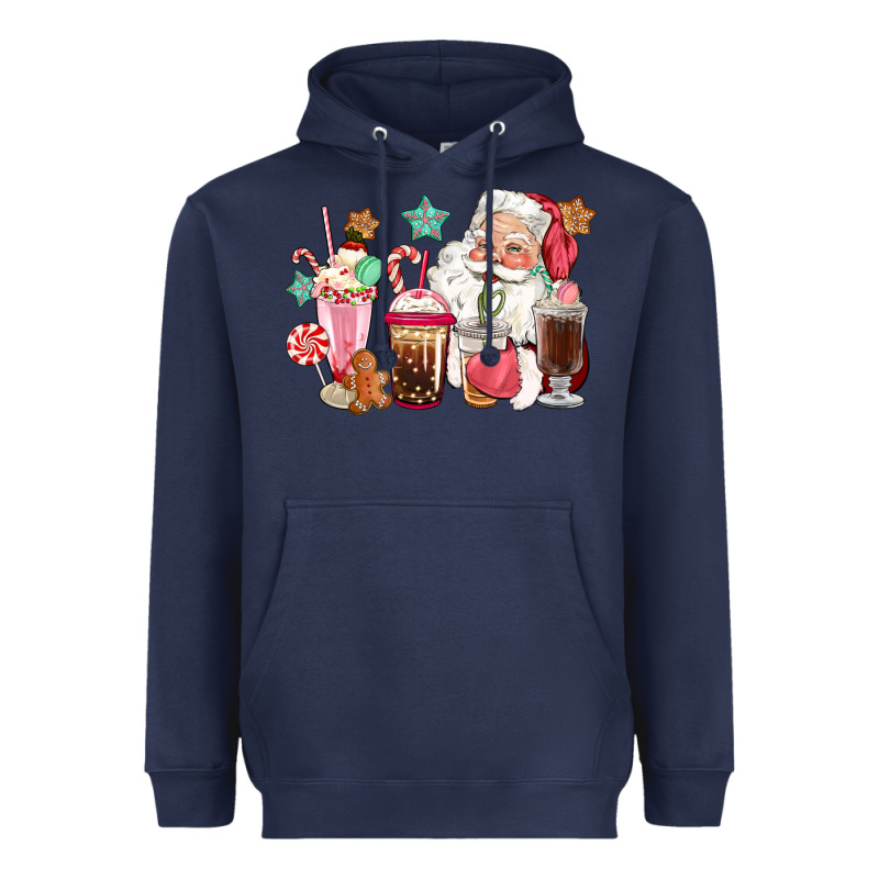 Pink Santa Christmas Santa Coffe Cups Heavyweight Hoodie by CowGirlArtShop | Teevron