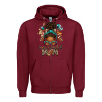 Burgundy American Football Mom Afro Messy Bun Zipper Hoodie - texasbilliewilder