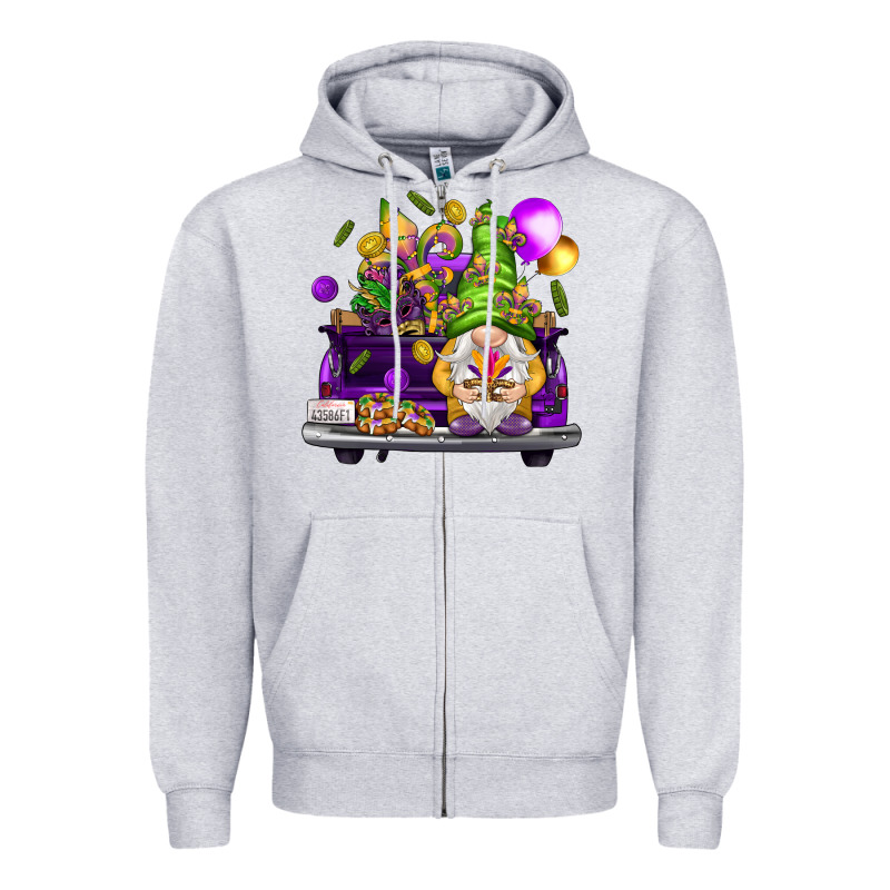 Mardi Gras Gnome On The Truck Zipper Hoodie by NancyCooperArtShop | Teevron