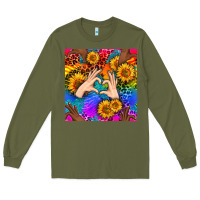 Army Green Heart And Sunflowers With Neon Leopard Patterns Long Sleeve Tee - BundleAndBundleShop