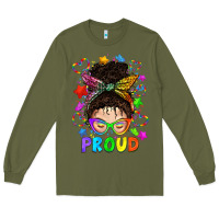 Army Green LGBTQ+ Messy Bun With Colorful Stars Long Sleeve Tee - BundleAndBundleShop