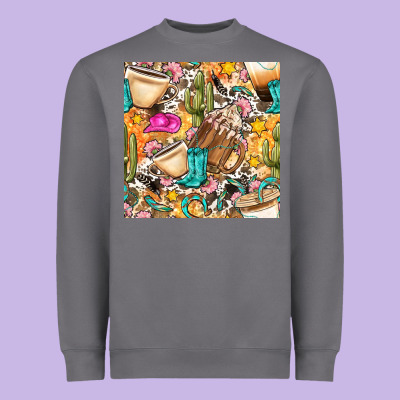 Western Cowgirl Coffee Cup With Cowhide Seamless Pattern Bbs Heavyweight Sweatshirt Designed By Bundleandbundleshop