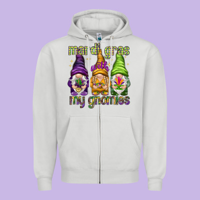 Mardi Gras With My Gnomes Zipper Hoodie Designed By Nancycooperartshop