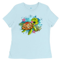 Baby Blue ocean with turtle Ladies Tee - AdoDesignShop