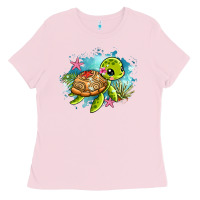 Bubblegum Pink ocean with turtle Ladies Tee - AdoDesignShop