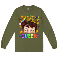 Army Green LGBTQ+ Queer Portrait With Crown And Rainbow Long Sleeve Tee - BundleAndBundleShop