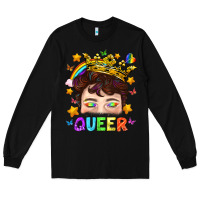 Black LGBTQ+ Queer Portrait With Crown And Rainbow Long Sleeve Tee - BundleAndBundleShop