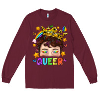 Burgundy LGBTQ+ Queer Portrait With Crown And Rainbow Long Sleeve Tee - BundleAndBundleShop