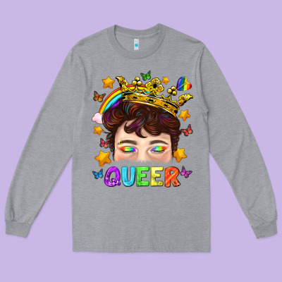 Lgbtq+ Queer Portrait With Crown And Rainbow Long Sleeve Tee Designed By Bundleandbundleshop