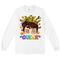 White LGBTQ+ Queer Portrait With Crown And Rainbow Long Sleeve Tee - BundleAndBundleShop