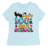 Baby Blue happy 100th days of school cat Ladies Tee - Artiststas