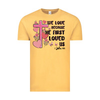 Vintage Mustard we love because he first loved us Vintage Tee - MaliasSmallBusiness