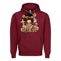 Burgundy Black Hair Believe Praying Caucasian Messy Bun Zipper Hoodie - texasbilliewilder