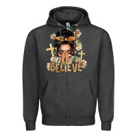 Charcoal Heather Black Hair Believe Praying Caucasian Messy Bun Zipper Hoodie - texasbilliewilder