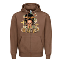 Chestnut Black Hair Believe Praying Caucasian Messy Bun Zipper Hoodie - texasbilliewilder