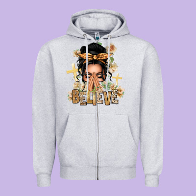 Black Hair Believe Praying Caucasian Messy Bun Zipper Hoodie Designed By Texasbilliewilder
