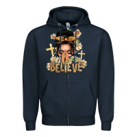Navy Black Hair Believe Praying Caucasian Messy Bun Zipper Hoodie - texasbilliewilder