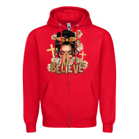 Red Black Hair Believe Praying Caucasian Messy Bun Zipper Hoodie - texasbilliewilder