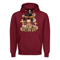 Burgundy Gray Hair Believe Praying Caucasian Messy Bun Zipper Hoodie - texasbilliewilder