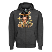 Charcoal Heather Gray Hair Believe Praying Caucasian Messy Bun Zipper Hoodie - texasbilliewilder