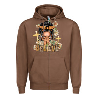 Chestnut Gray Hair Believe Praying Caucasian Messy Bun Zipper Hoodie - texasbilliewilder