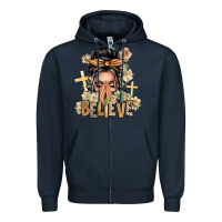 Navy Gray Hair Believe Praying Caucasian Messy Bun Zipper Hoodie - texasbilliewilder