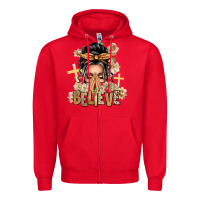 Red Gray Hair Believe Praying Caucasian Messy Bun Zipper Hoodie - texasbilliewilder