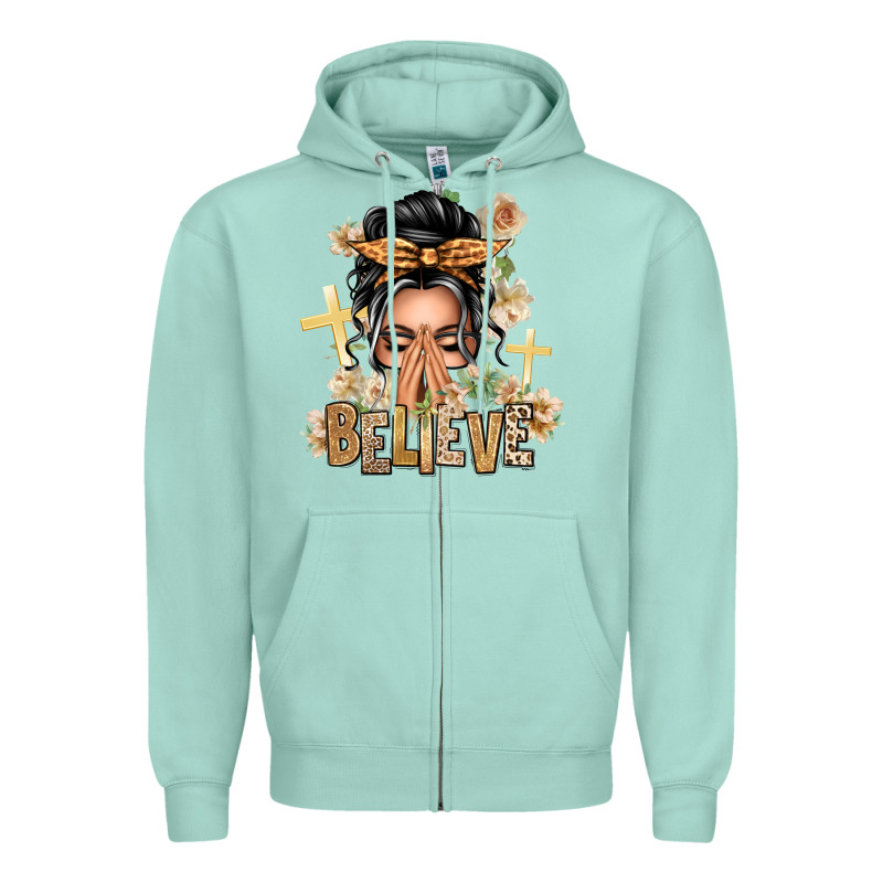 Gray Hair Believe Praying Caucasian Messy Bun Zipper Hoodie by texasbilliewilder | Teevron