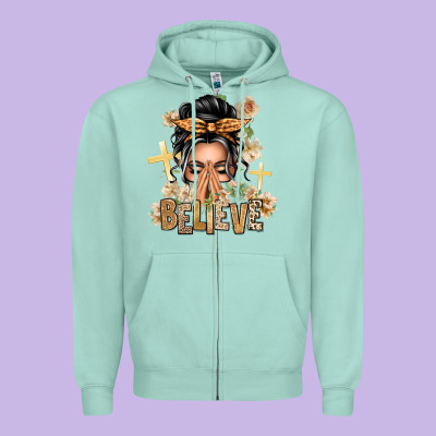 Gray Hair Believe Praying Caucasian Messy Bun Zipper Hoodie Designed By Texasbilliewilder