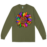 Army Green Pride LGBTQ+ Sunflower With Peace Long Sleeve Tee - BundleAndBundleShop
