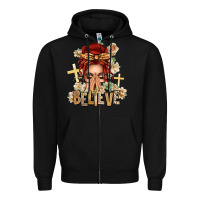 Black Red Hair Believe Praying Caucasian Messy Bun Zipper Hoodie - texasbilliewilder