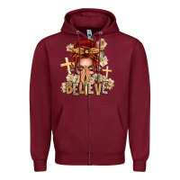 Burgundy Red Hair Believe Praying Caucasian Messy Bun Zipper Hoodie - texasbilliewilder