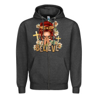 Charcoal Heather Red Hair Believe Praying Caucasian Messy Bun Zipper Hoodie - texasbilliewilder