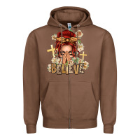 Chestnut Red Hair Believe Praying Caucasian Messy Bun Zipper Hoodie - texasbilliewilder