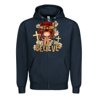 Navy Red Hair Believe Praying Caucasian Messy Bun Zipper Hoodie - texasbilliewilder
