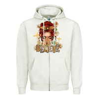 Oatmeal Heather Red Hair Believe Praying Caucasian Messy Bun Zipper Hoodie - texasbilliewilder