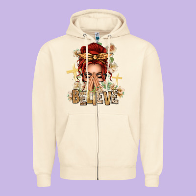 Red Hair Believe Praying Caucasian Messy Bun Zipper Hoodie Designed By Texasbilliewilder