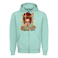 Seafoam Red Hair Believe Praying Caucasian Messy Bun Zipper Hoodie - texasbilliewilder