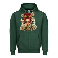Sports Green Red Hair Believe Praying Caucasian Messy Bun Zipper Hoodie - texasbilliewilder